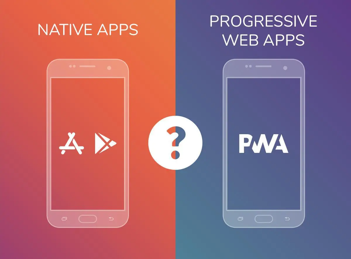 Confronto schermo diviso app mobile nativa e Progressive Web App su dispositivi smartphone