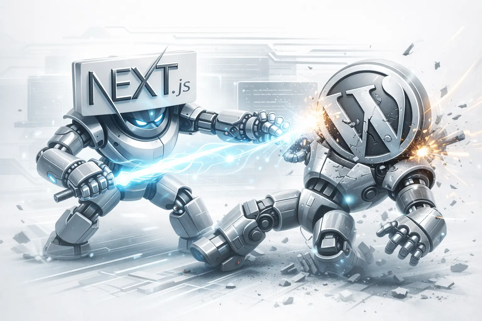 Next.js and WordPress logos side by side comparison showing performance metrics and code differences